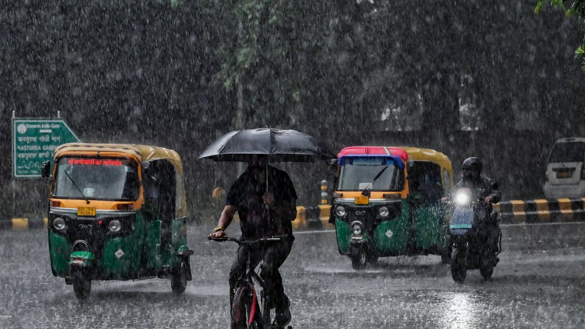 Cyclist navigates heavy monsoon rain with umbrella in New Delhi
