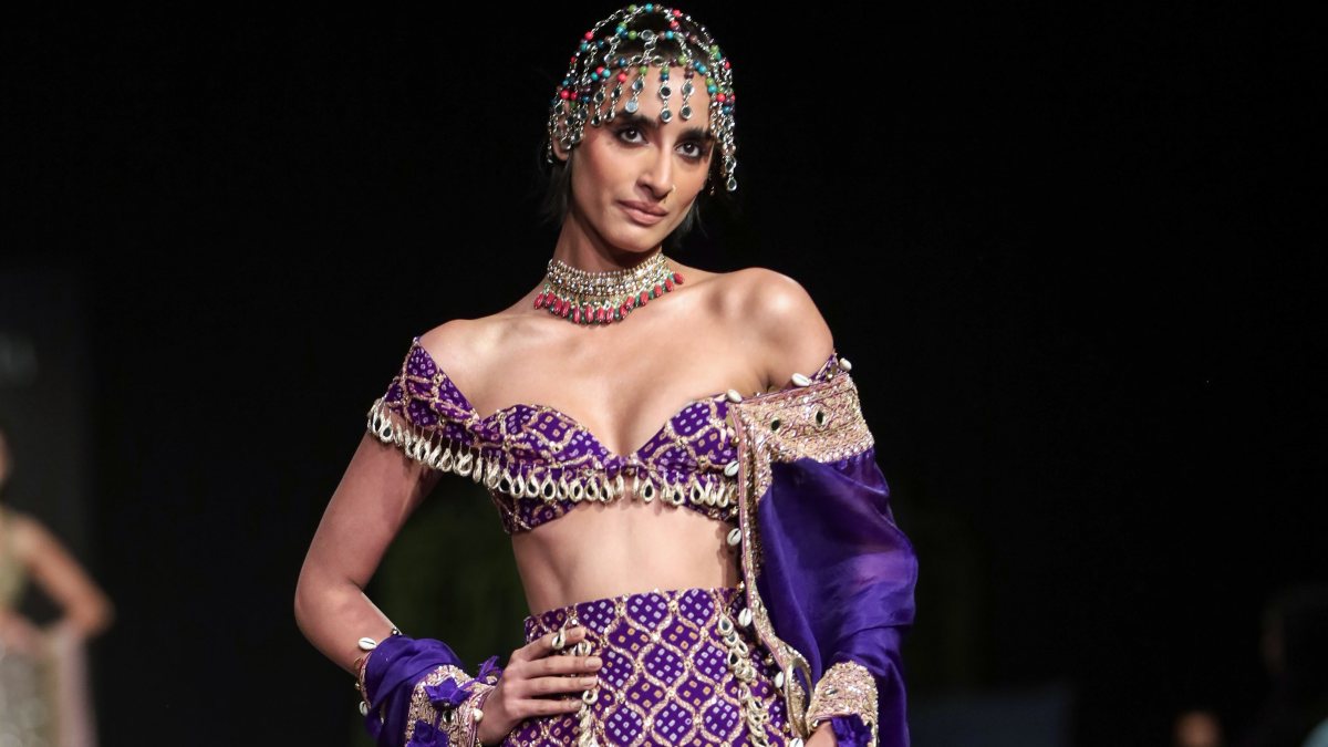 Model showcases Arpita Mehta creation at India Couture Week 2026