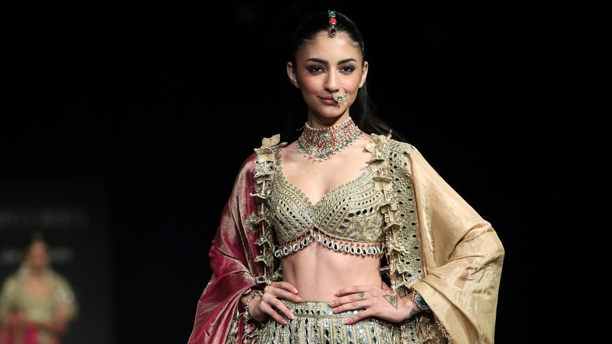 Model showcases Arpita Mehta creation at India Couture Week 2026