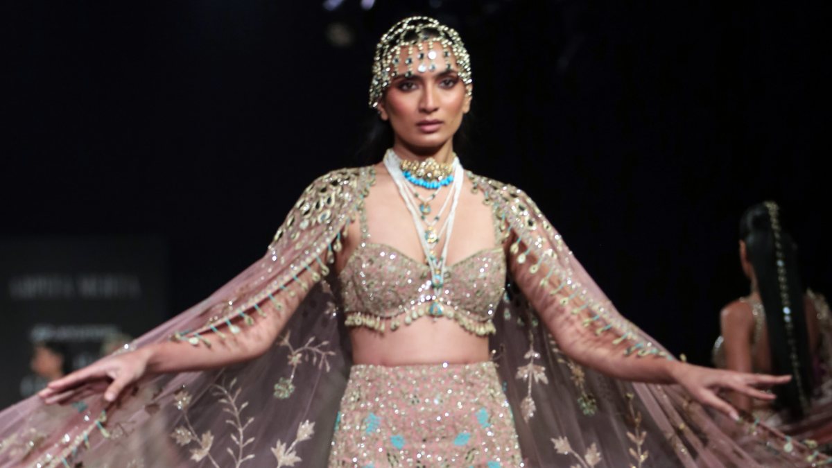 Model showcases Arpita Mehta at India Couture Week 2026