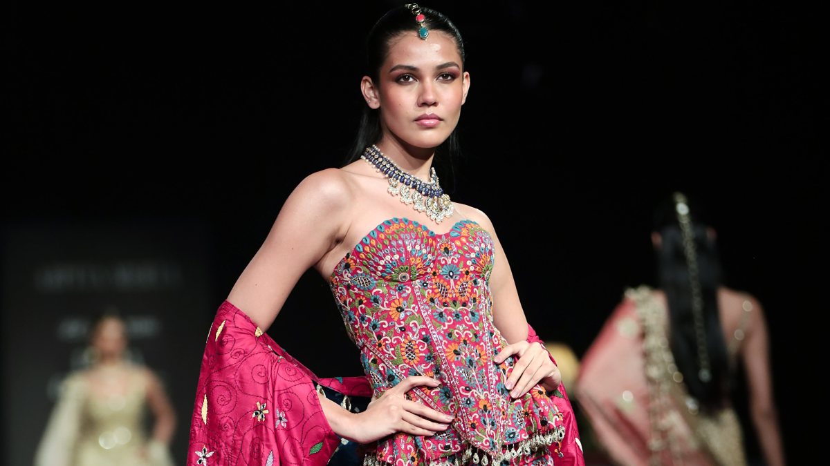 Model showcases Arpita Mehta creation at India Couture Week 2026