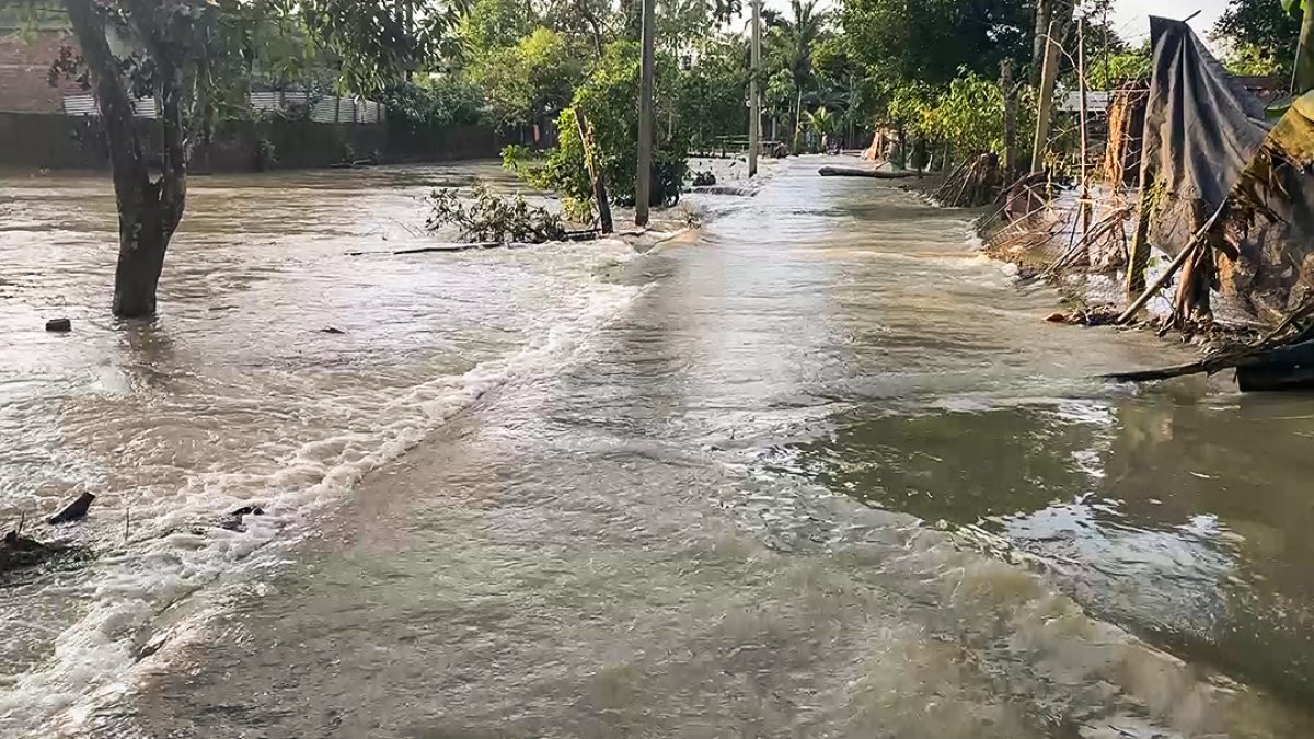 Road submerged in floodwaters in Sivasagar's Naujan village