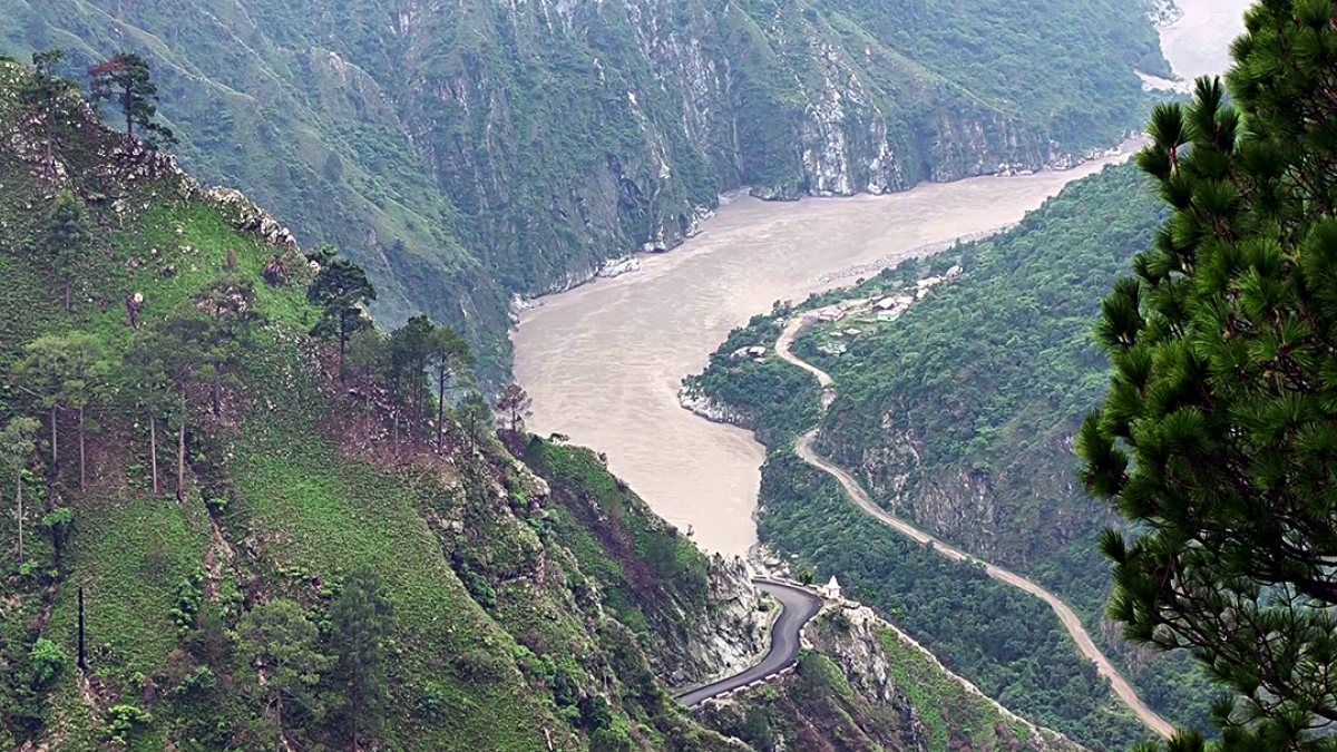 Aerial view of flooded land as Salal Dam gates open in Reasi