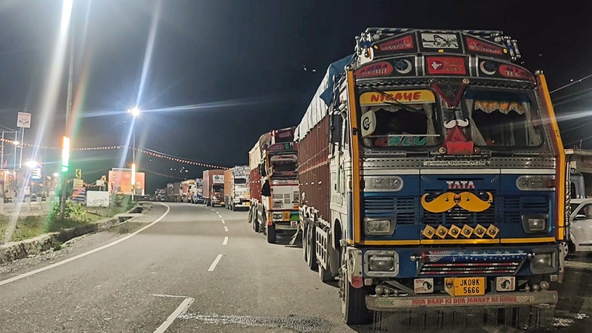 Stranded trucks line Jammu-Srinagar highway after landslide in Ramban