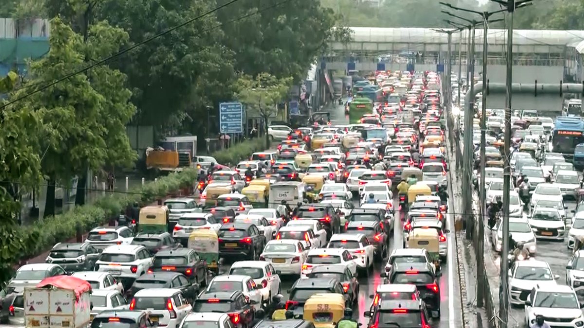 Vehicles stuck in traffic jam in New Delhi