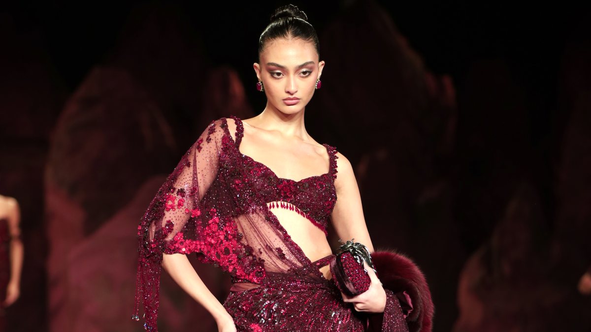 Model showcases Dolly J creation at India Couture Week 2026