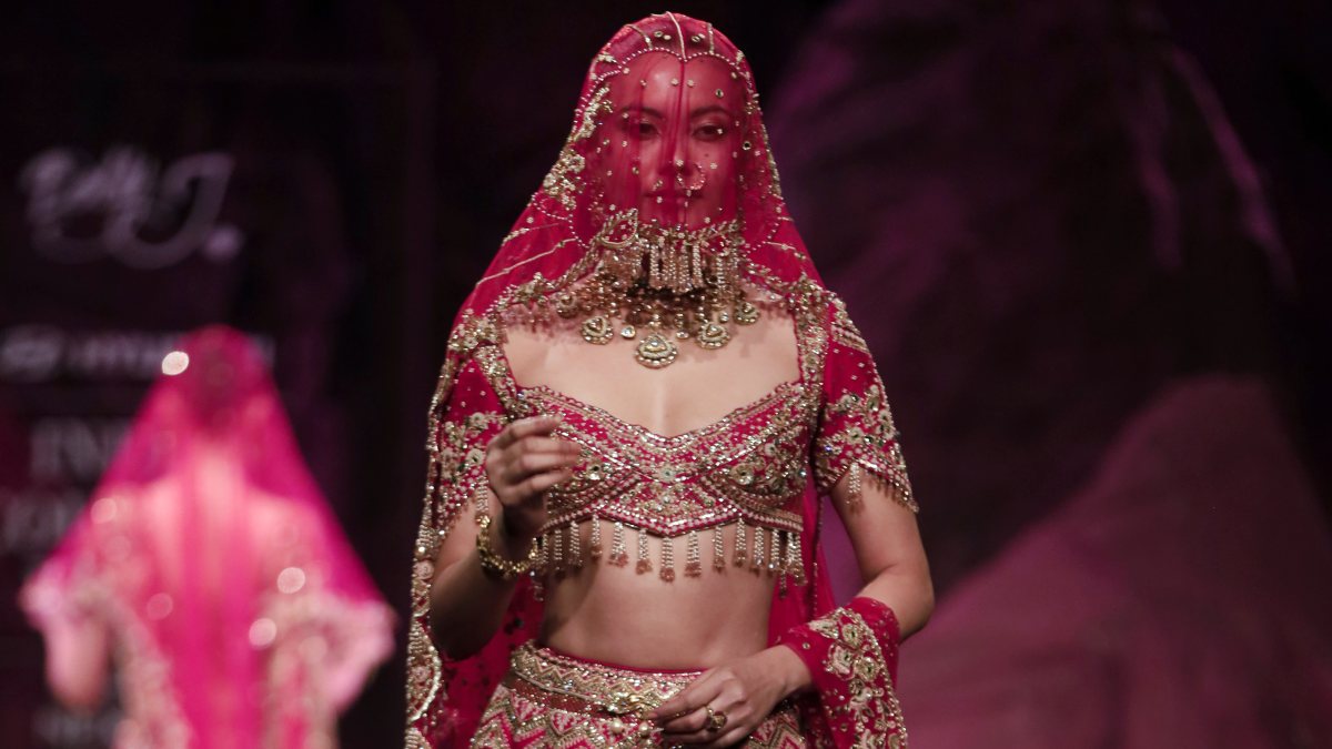 Model showcases Dolly J creation at India Couture Week 2026
