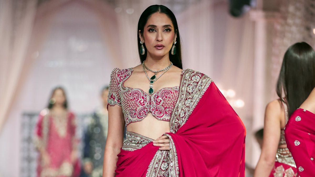 Model walks ramp for Jayanti Reddy at India Couture Week 2026