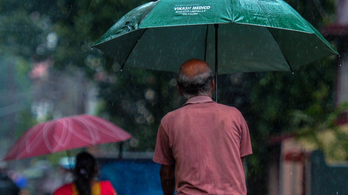 Cyclist and pedestrian use umbrellas amid rain in Siliguri