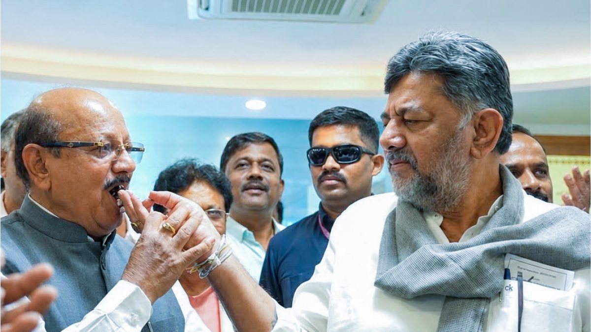 Karnataka CM Shivakumar offers cake to Congress MLA on 77th birthday