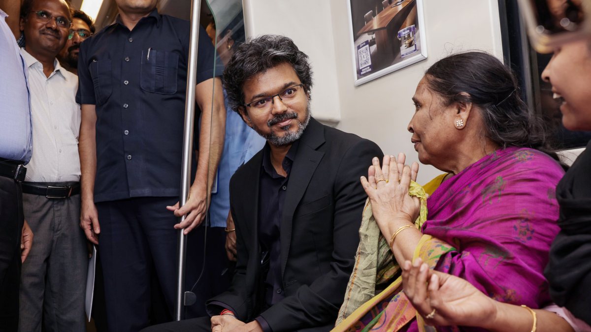 Tamil Nadu CM Vijay interacts with woman on Chennai Metro