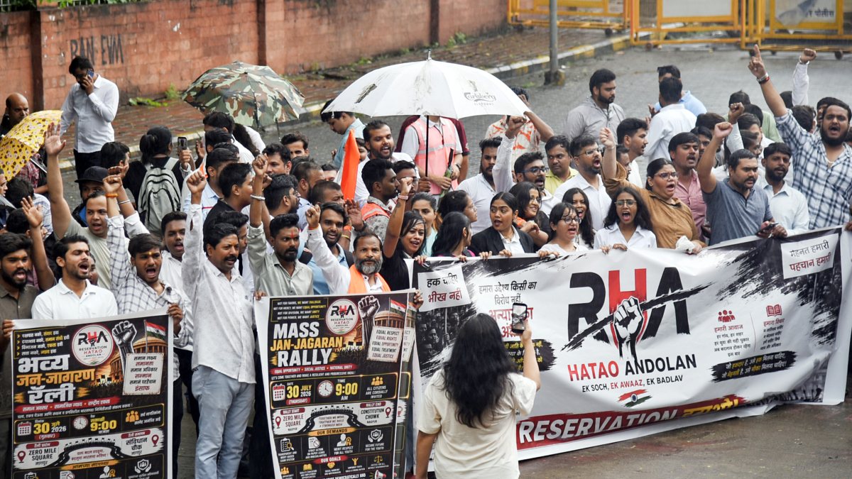Protesters march in Nagpur for 'Reservation Hatao Andolan' rally