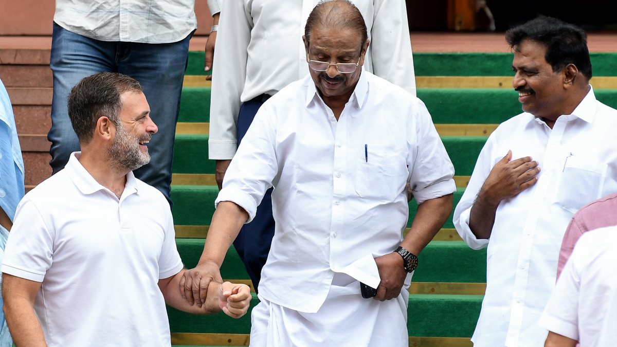 Rahul Gandhi with MPs at Parliament during Monsoon Session