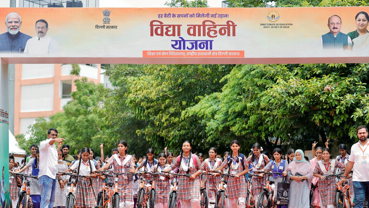 Female students receive bicycles under Vidya Vahini Yojana