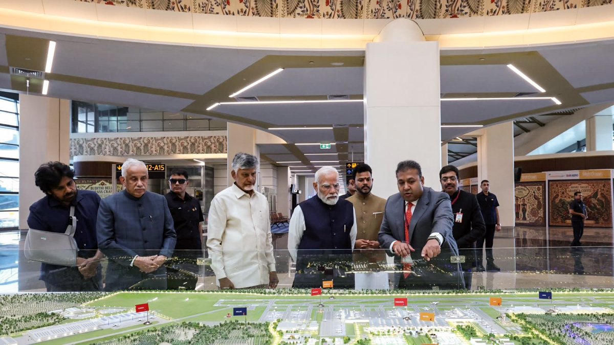 PM Modi inspects Alluri Sitarama Raju airport model in Vizianagaram
