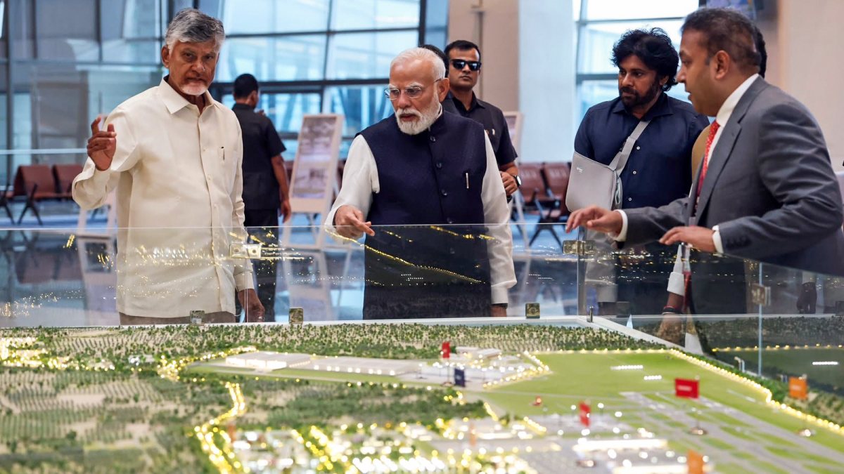 PM Modi reviews model of new Andhra airport with CM Naidu