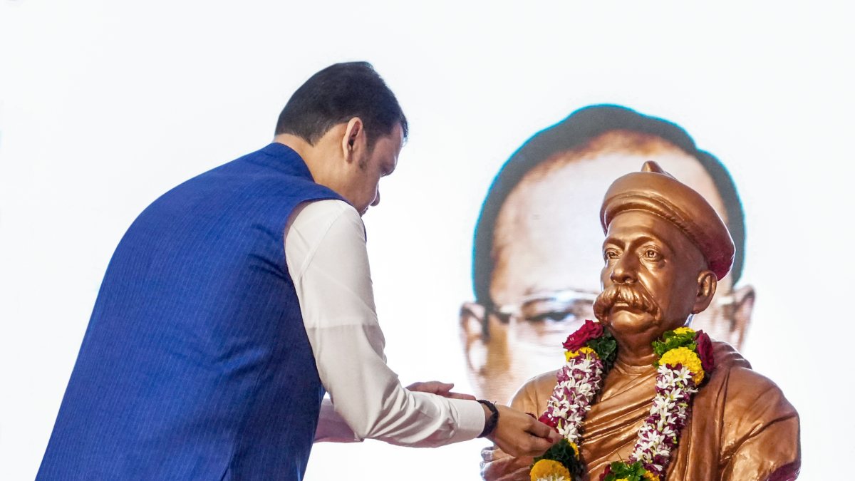 Maharashtra Chief Minister Devendra Fadnavis pays floral tribute to the bust of…
