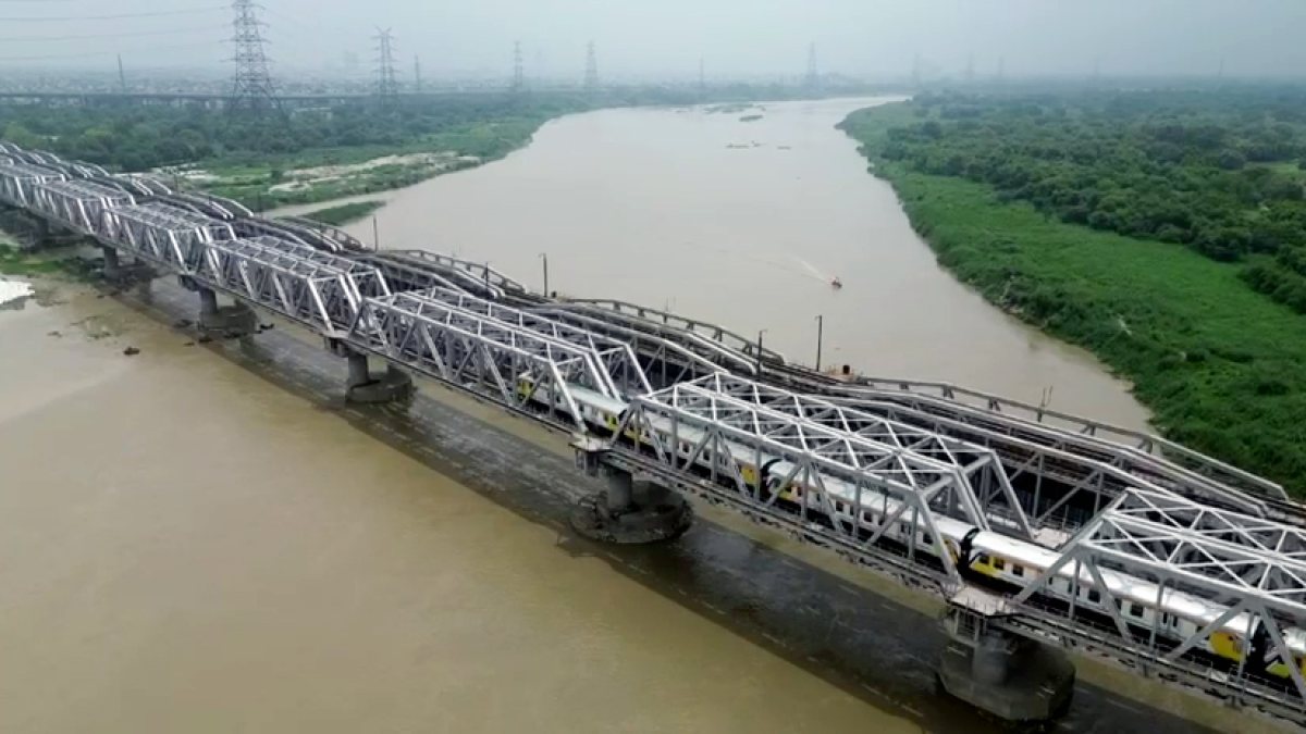 Aerial view of Loha Pul as Yamuna swells in Delhi