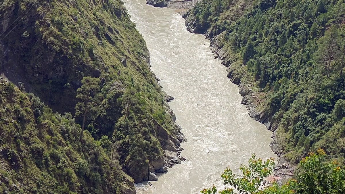 Aerial view shows flooding as Baglihar Dam gates open in Ramban