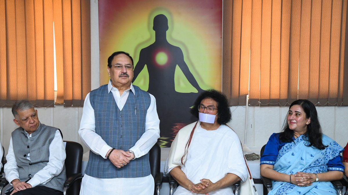 Union Health Minister JP Nadda meets Acharya Dr Lokesh Muni in Delhi