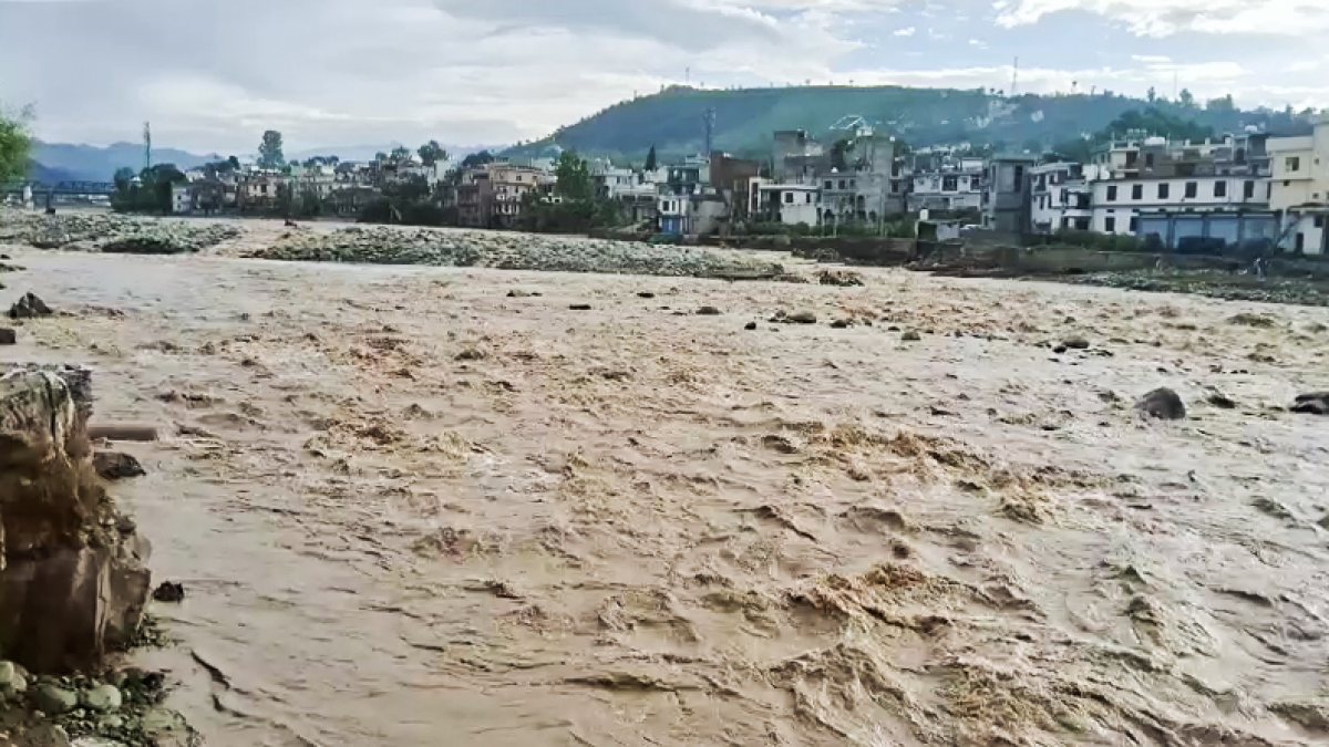 Rising river water levels after rainfall in Rajouri