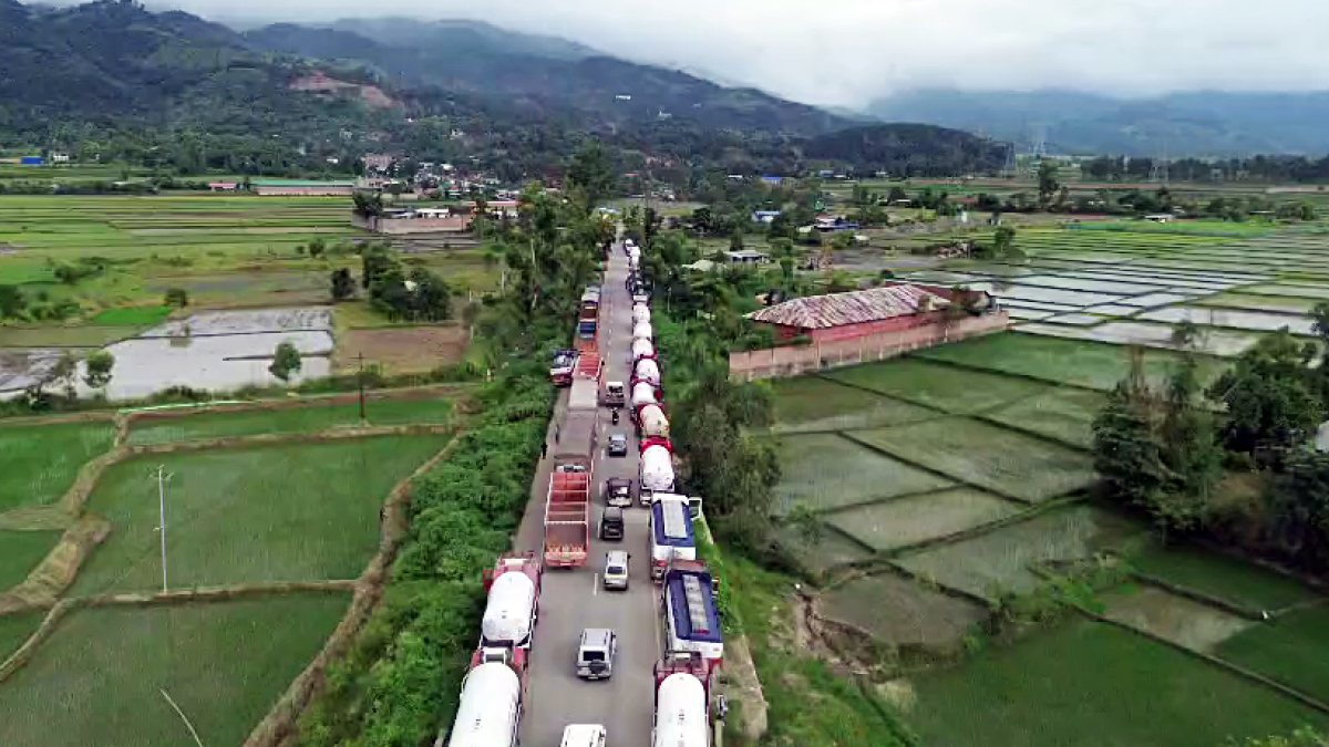 Drone view shows fuel tankers stranded amid Manipur strike