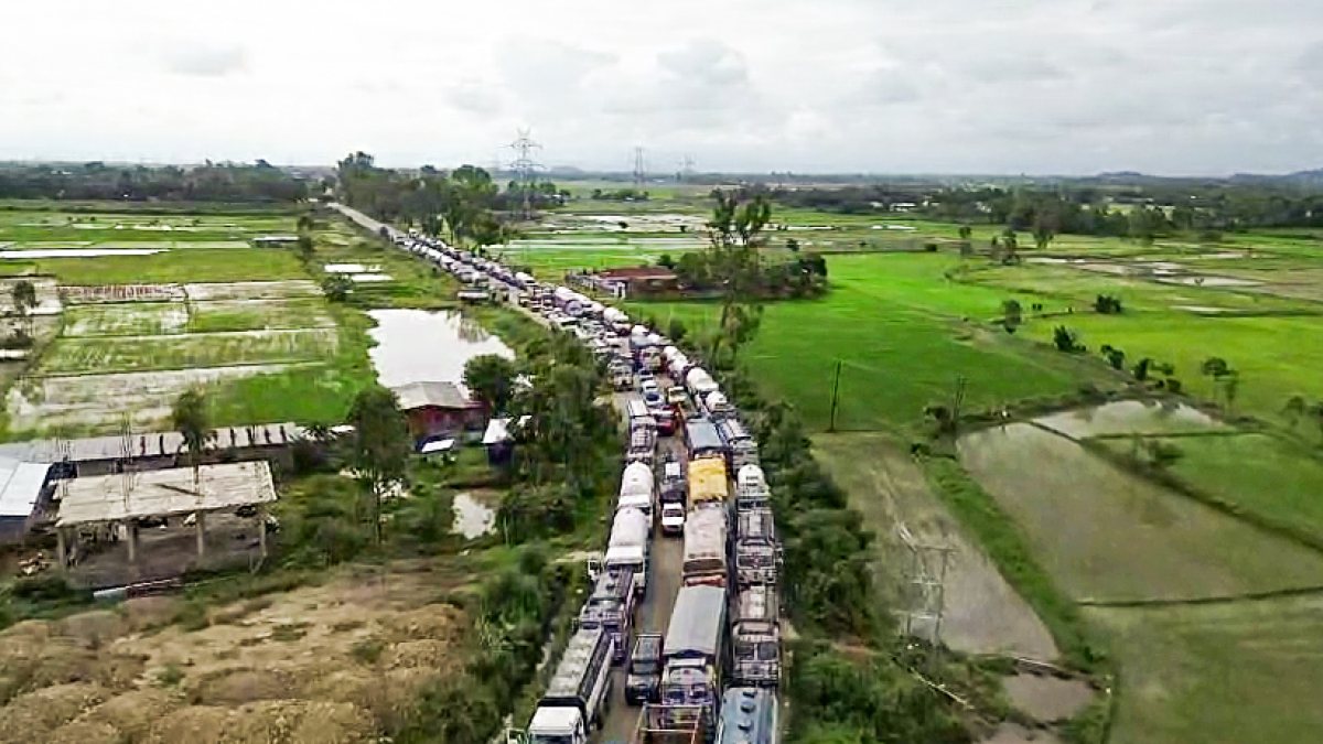 Drone view shows fuel tankers stranded amid Manipur strike
