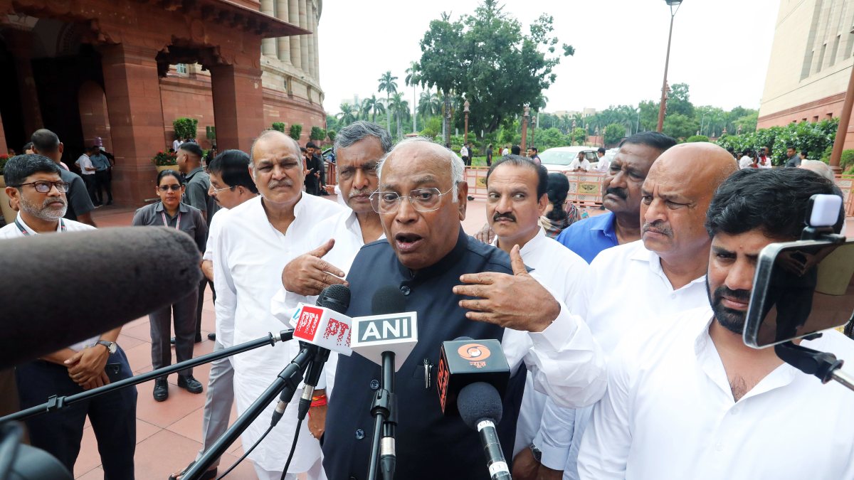 Kharge addresses media at Parliament during Monsoon Session