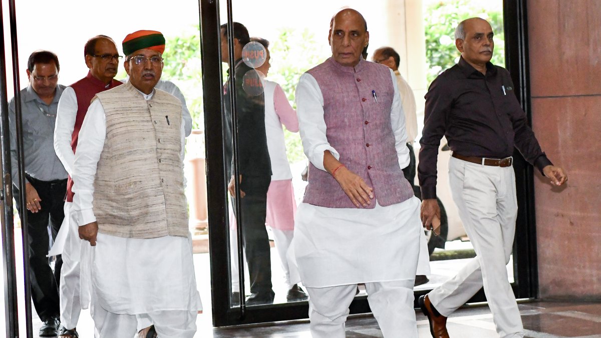Defence Minister Rajnath Singh arrives for NDA meet in New Delhi