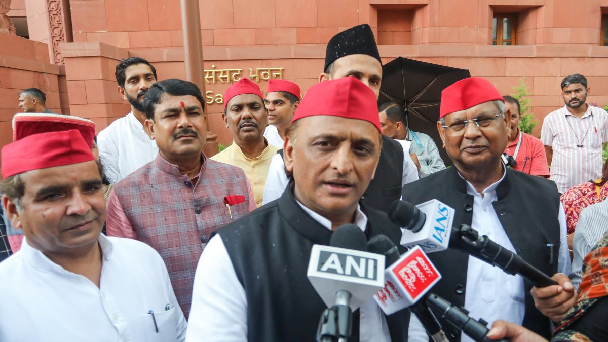 Akhilesh Yadav addresses media at Parliament during Monsoon Session