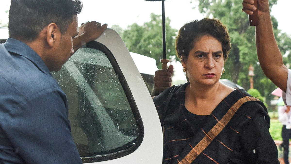 Priyanka Gandhi arrives at Parliament amid monsoon rain