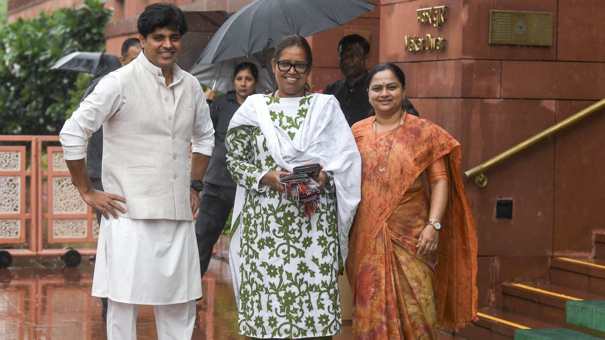 Congress MPs gather at Parliament during monsoon session