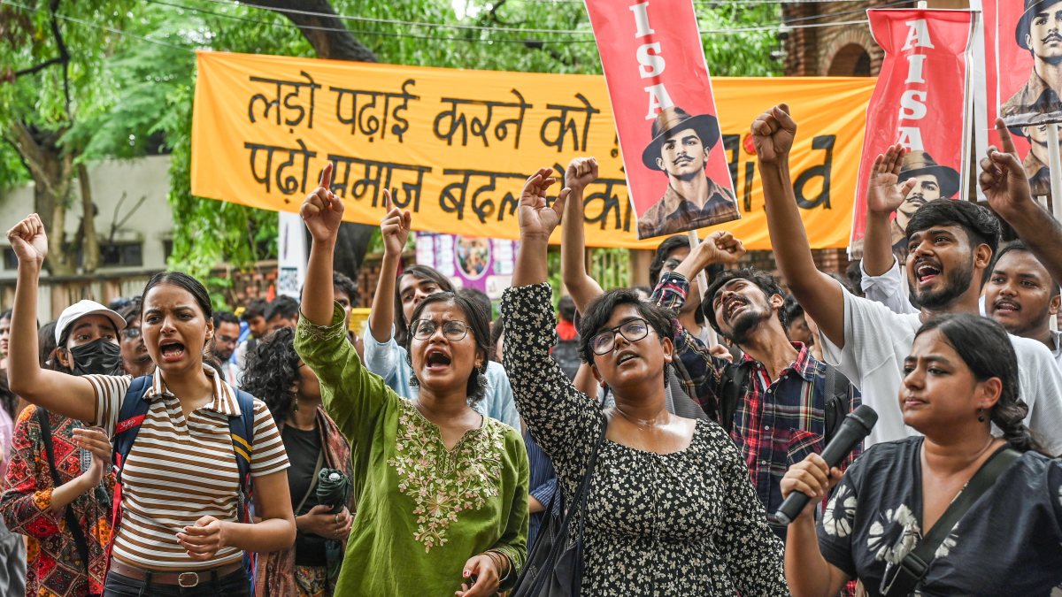 AISA supporters protest NTA exam irregularities at Delhi University