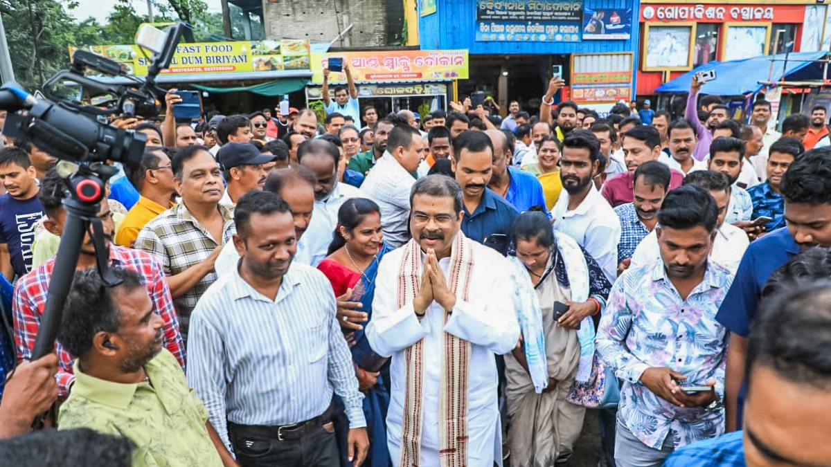 BJP MP Pradhan greets supporters at Odisha temple