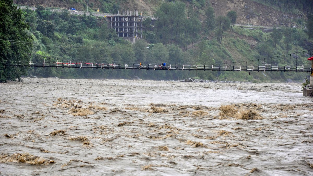 Beas river in spate after heavy monsoon rains in Kullu