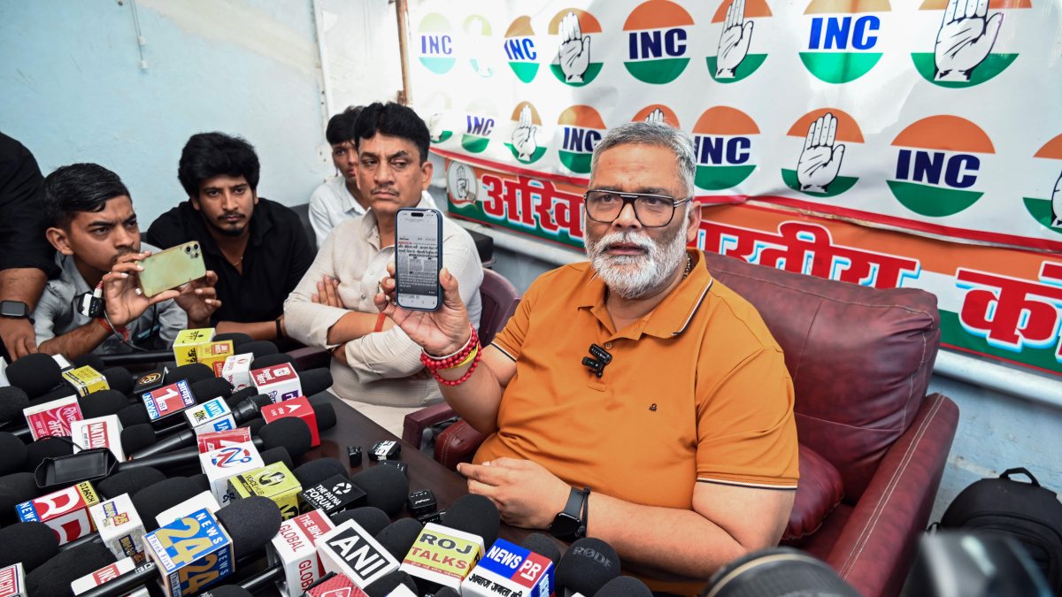 Purnia MP Pappu Yadav addresses press conference in Patna