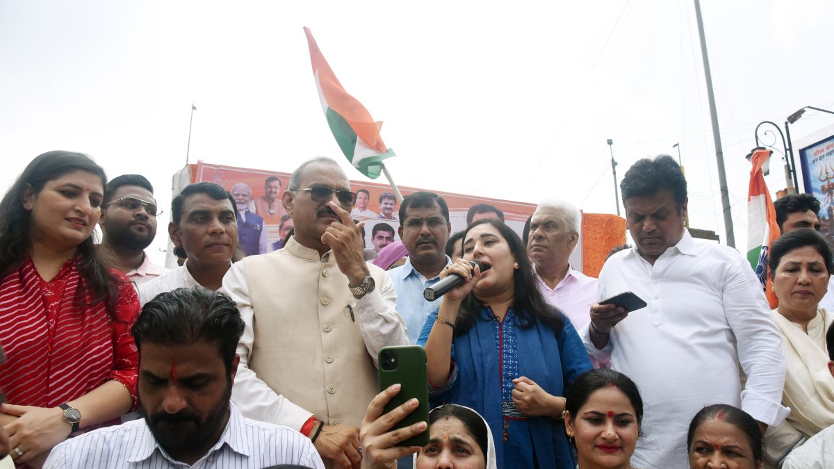 BJP MP Bansuri Swaraj speaks during Tiranga Yatra as part of the 80th…