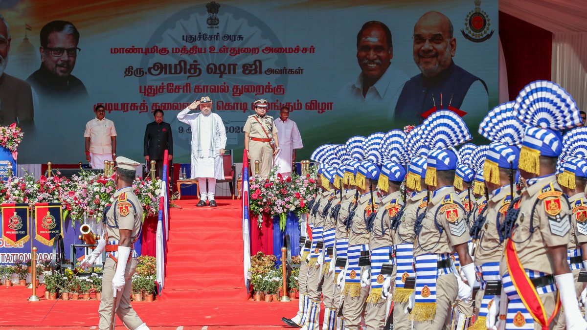 Amit Shah salutes at Puducherry Police colour ceremony