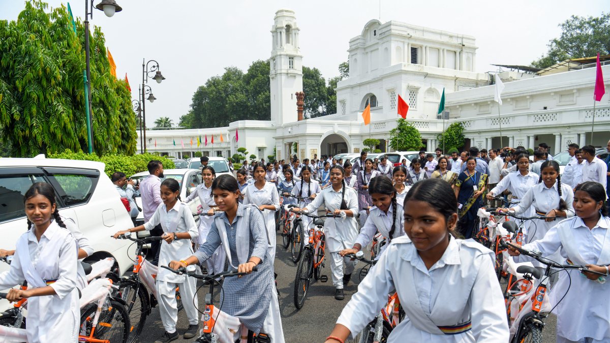 Female students receive bicycles under Vidya Vahini Yojana