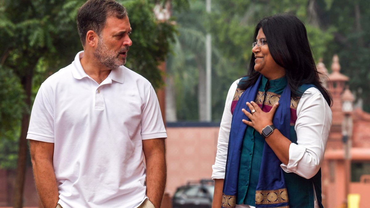 Lok Sabha LoP Rahul Gandhi interacts with Congress MP Jebi Mather at the…