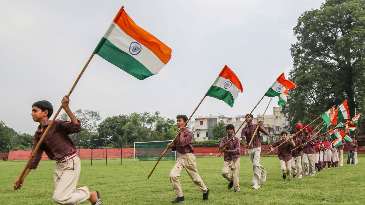 Students rehearse with flags ahead of Independence Day in Amritsar
