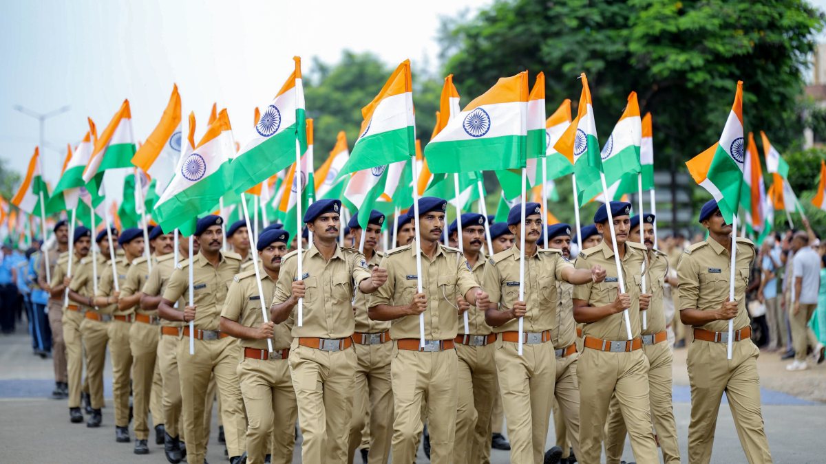 Police march in Tiranga Yatra ahead of Independence Day in Gandhinagar