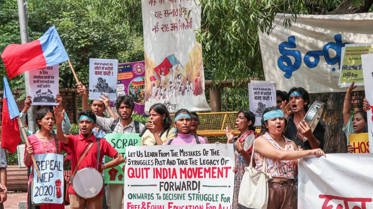Students rally at Delhi University on Quit India Movement anniversary