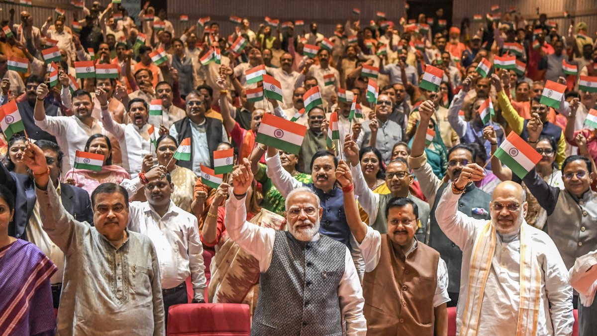 NDA leaders wave Tiranga at parliamentary meet in New Delhi