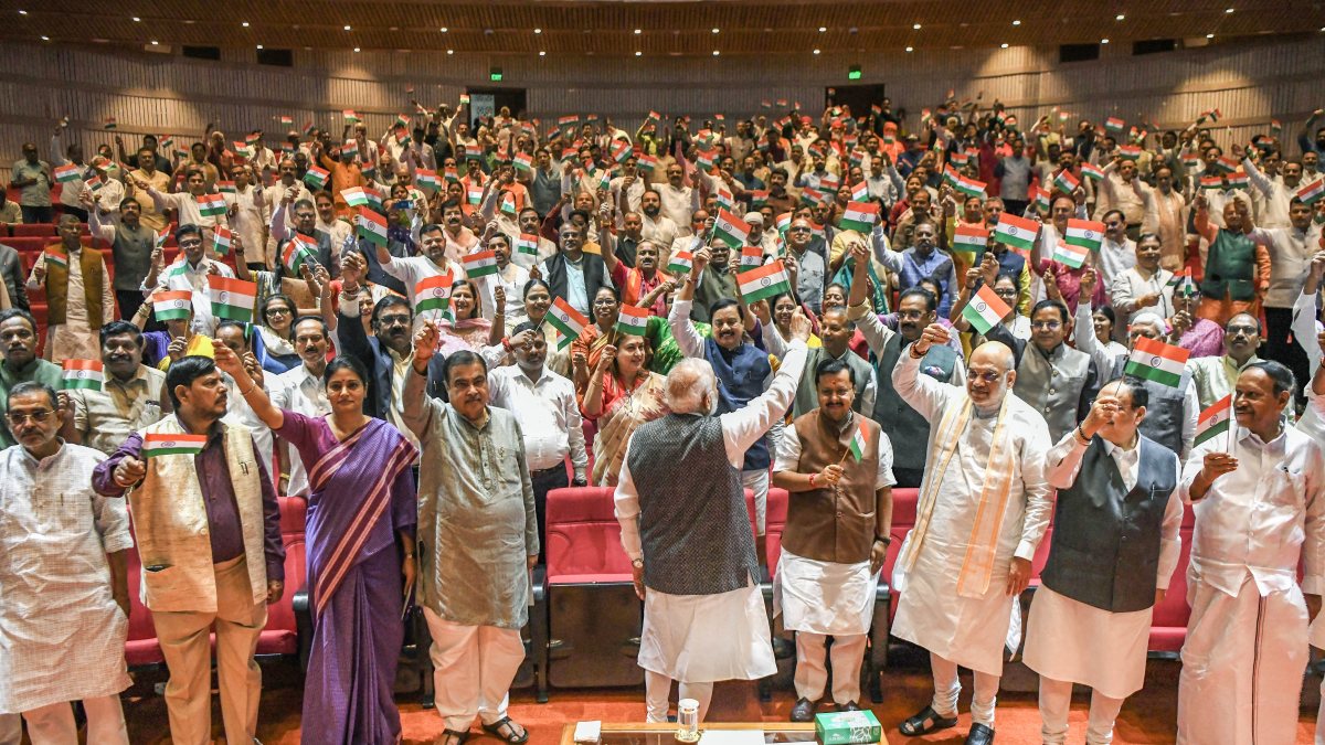 NDA leaders wave Tiranga at parliamentary meet in New Delhi
