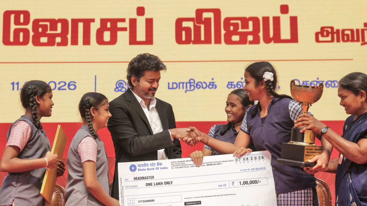 Tamil Nadu CM Vijay honours students at anti-drug pledge event