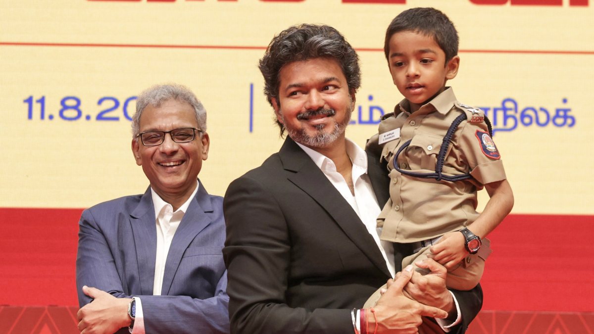 Tamil Nadu CM Vijay carries child cop at drug-free pledge event