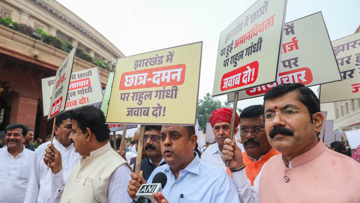 BJP MP Sambit Patra addresses media during NDA protest at Parliament