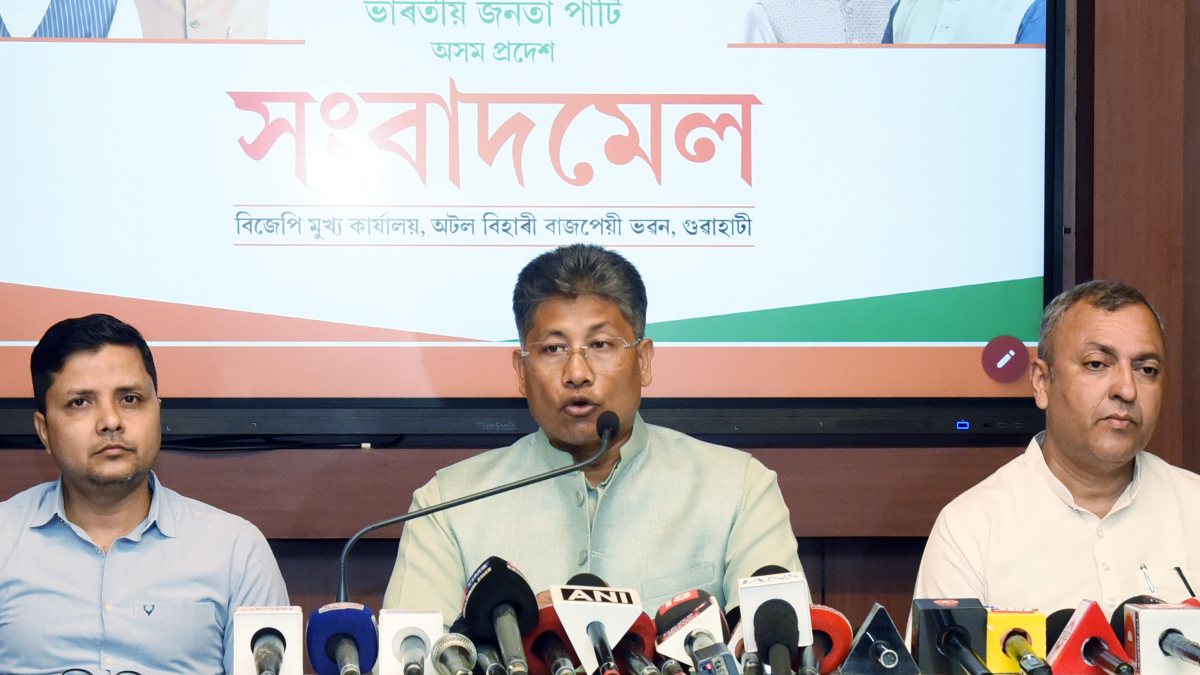 Assam minister Pijush Hazarika addresses press conference in Guwahati