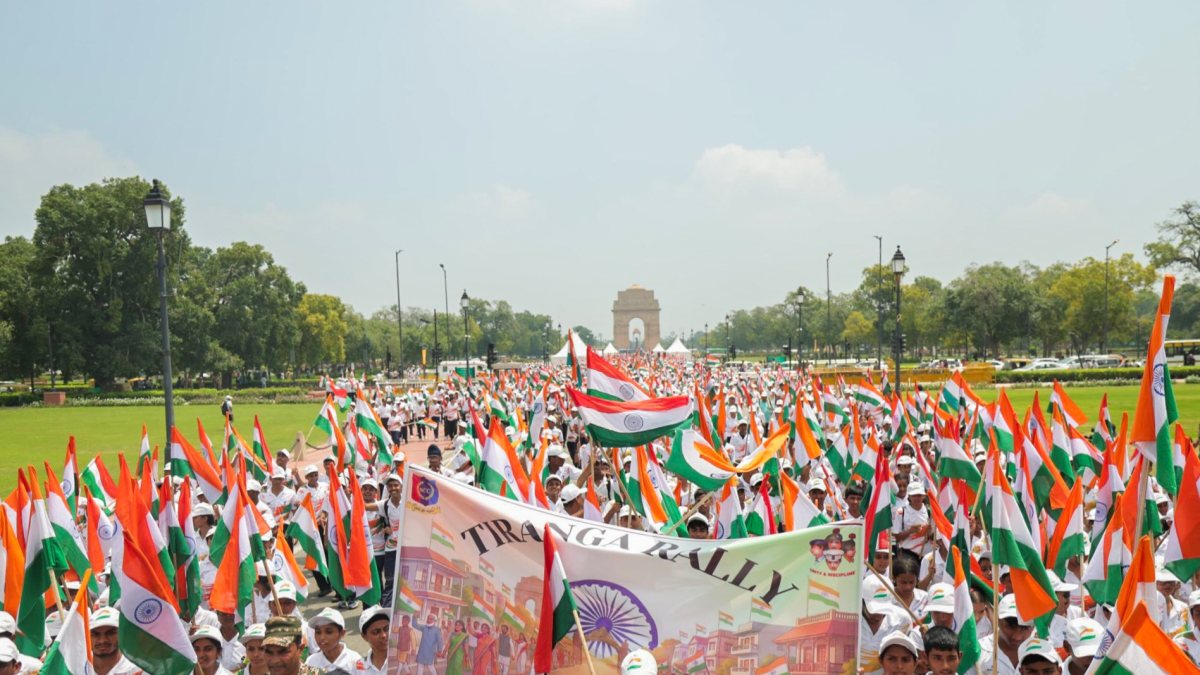 Volunteers march with tricolour at Kartavya Path ahead of Independence Day